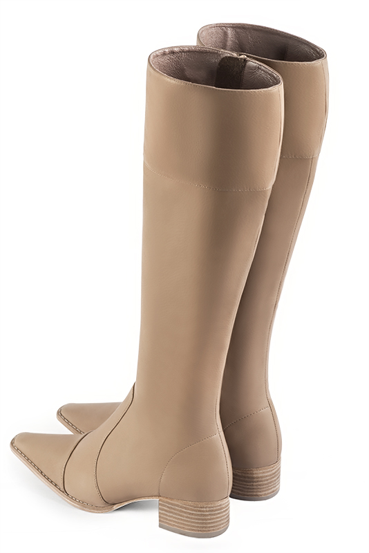 Tan beige women's riding knee-high boots. Tapered toe. Low leather soles. Made to measure. Rear view - Florence KOOIJMAN
